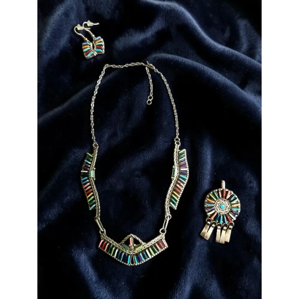 Zuni Sterling Multi-stone Rainbow Petit Point Necklace, Pendant & Earring Set